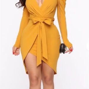 Fashion Nova Mustard Long Sleeve Wrap Mini Dress with Tie Waist